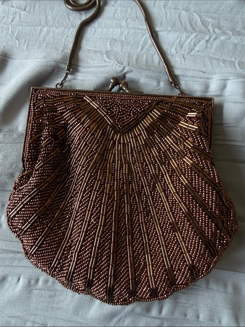 Vintage “Walborg” Deco Beaded Clam Shell Evening Purse Copper Bronze Chain